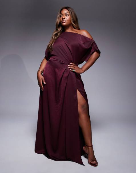 ASOS DESIGN Curve exclusive satin off shoulder high split maxi dress in burgundy - view 1