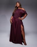 [ASOS Curve] ASOS DESIGN Curve exclusive satin off shoulder high split maxi dress in burgundy-Red 16 BURGUNDY