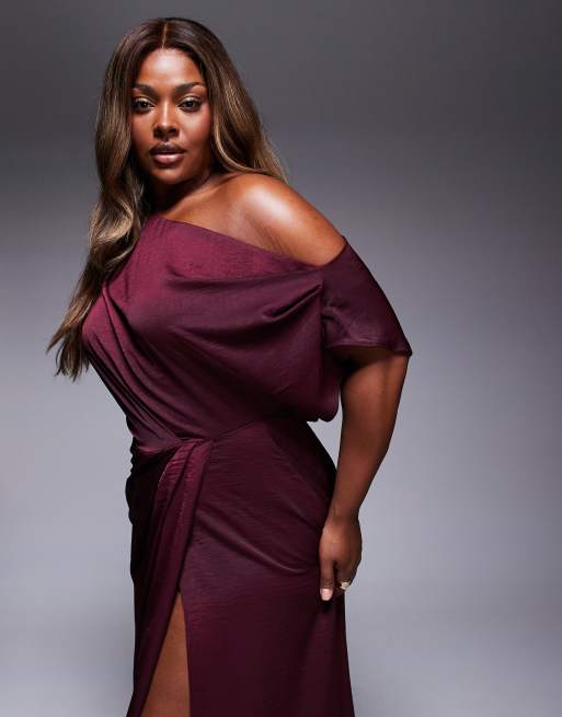 ASOS DESIGN Curve Exclusive satin off-shoulder high slit maxi dress in burgundy