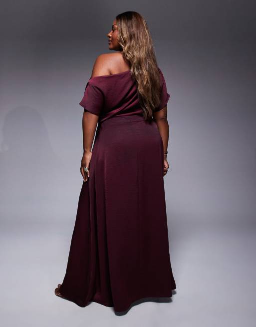 ASOS DESIGN Curve Exclusive satin off-shoulder high slit maxi dress in burgundy