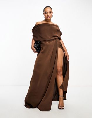 ASOS DESIGN Curve exclusive satin off shoulder high split maxi dress in chocolate