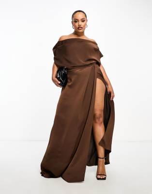 Asos Curve Asos Design Curve Exclusive Satin Off Shoulder High Split Maxi Dress In Chocolate-brown