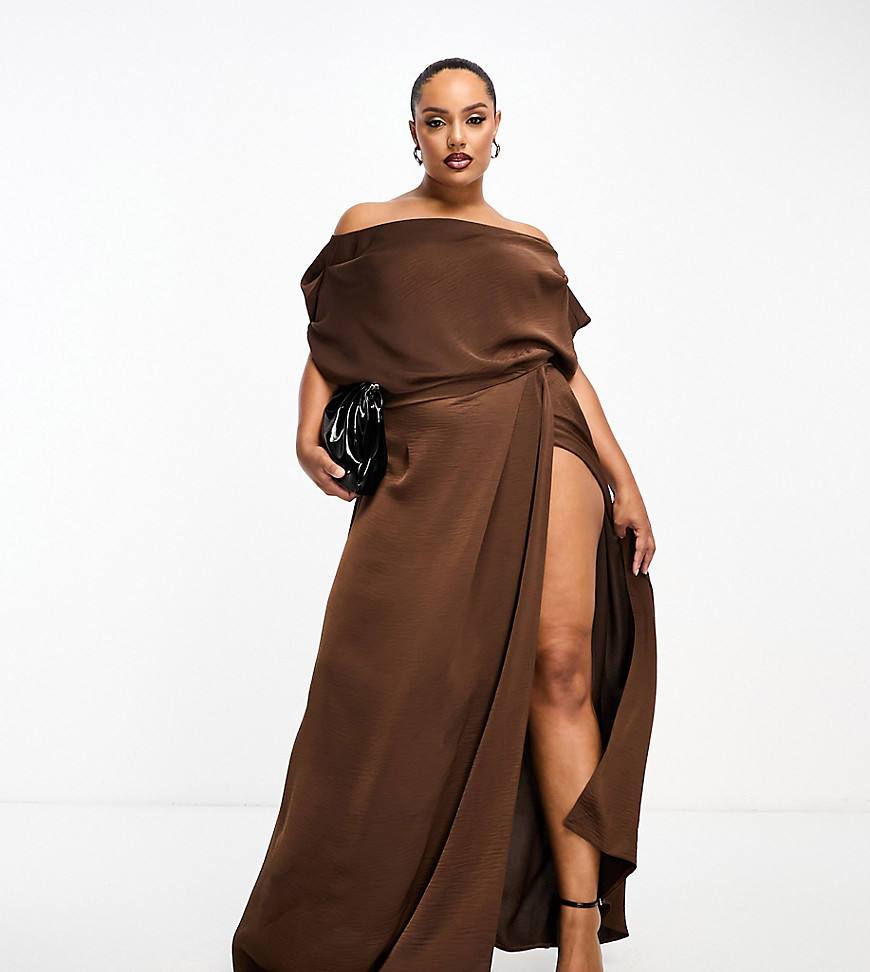 Asos Curve Asos Design Curve Exclusive Satin Off Shoulder High Split Maxi Dress In Chocolate-brown