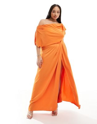 Asos Curve Asos Design Curve Exclusive Satin Off Shoulder High Split Maxi Dress In Orange
