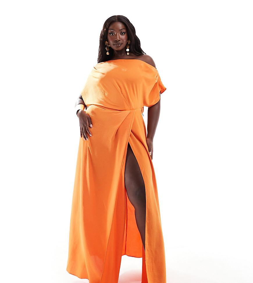 ASOS DESIGN Curve exclusive satin off shoulder high split maxi dress in orange
