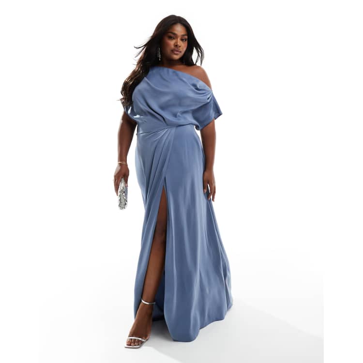 ASOS DESIGN Curve exclusive satin off shoulder high split maxi dress in slate  gray | ASOS