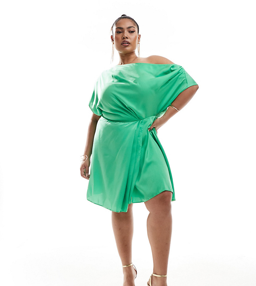 ASOS DESIGN Curve exclusive satin off shoulder mini dress in green