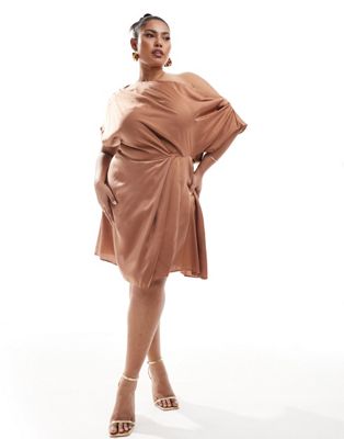 Asos Curve Asos Design Curve Exclusive Satin Off Shoulder Mini Dress In Mocha-brown