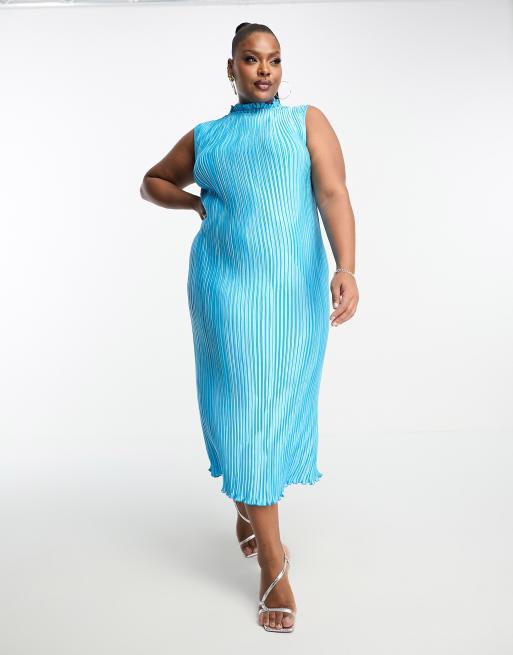 ASOS DESIGN Curve Exclusive satin plisse midi dress with high neck in turquoise