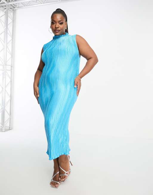 ASOS DESIGN Curve Exclusive satin plisse midi dress with high neck in  turquoise