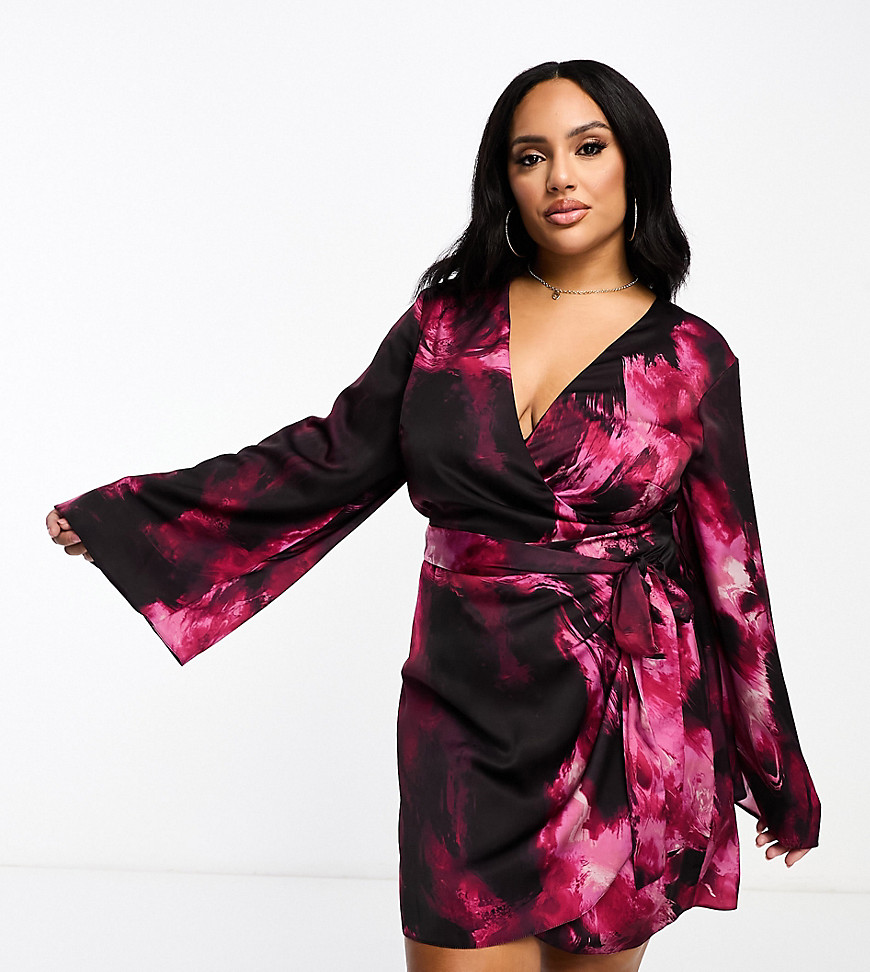 Asos Curve Asos Design Curve Exclusive Satin Wrap Mini Dress With Tie Waist In Abstract Print-multi