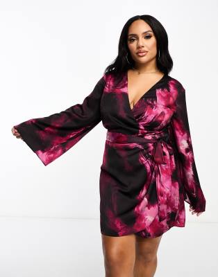 ASOS DESIGN Curve exclusive satin wrap mini dress with tie waist in  abstract print