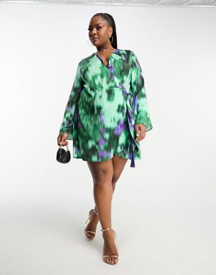 ASOS DESIGN Curve Exclusive satin wrap mini dress with tie waist in blurred abstract print
