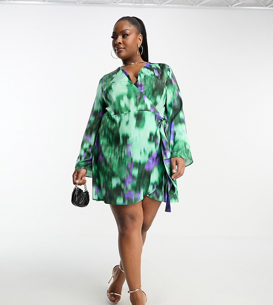 ASOS DESIGN Curve Exclusive satin wrap mini dress with tie waist in blurred abstract print-Multi