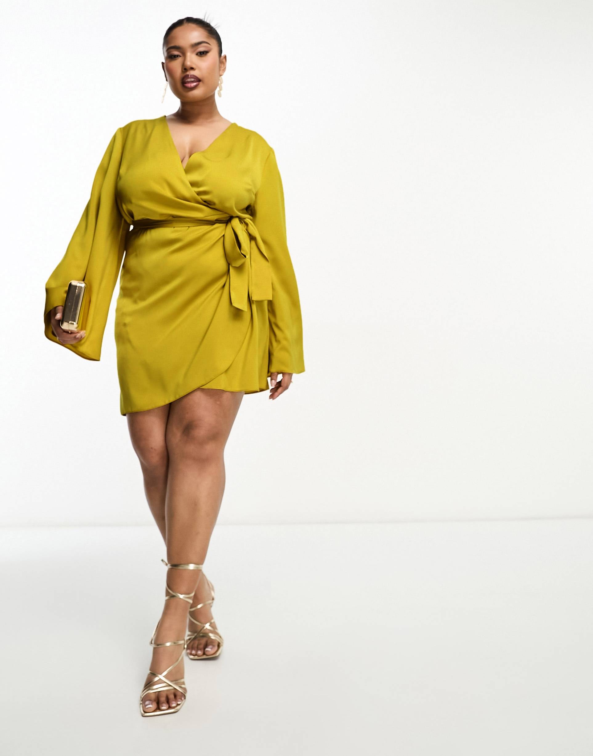 asos design curve exclusive satin wrap mini dress with tie waist in gold