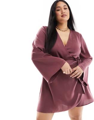 Asos Curve Asos Design Curve Exclusive Satin Wrap Mini Dress With Tie Waist In Purple