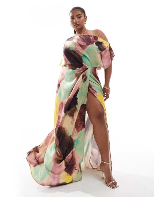 ASOS DESIGN Curve Exclusive – Satynowa sukienka maxi z odsłoniętym ramieniem i rozcięciem z boku w abstrakcyjny wzór