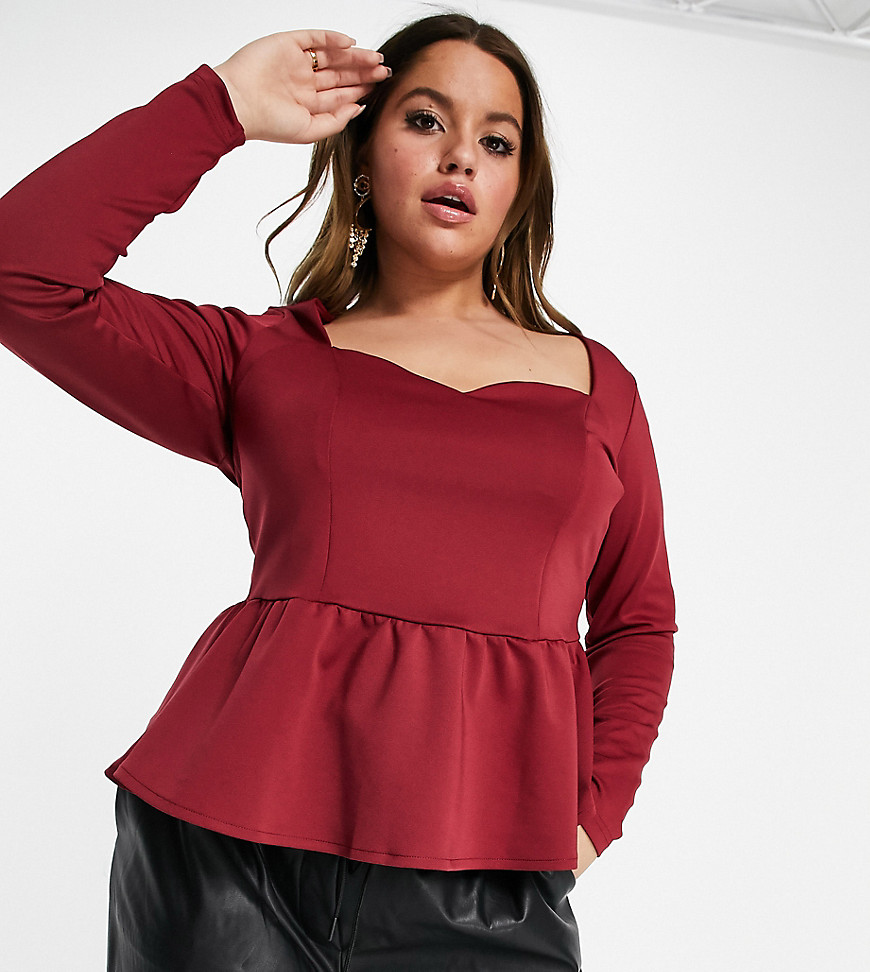 ASOS DESIGN Curve exclusive scuba top with long sleeve and pep hem in burgundy-Red