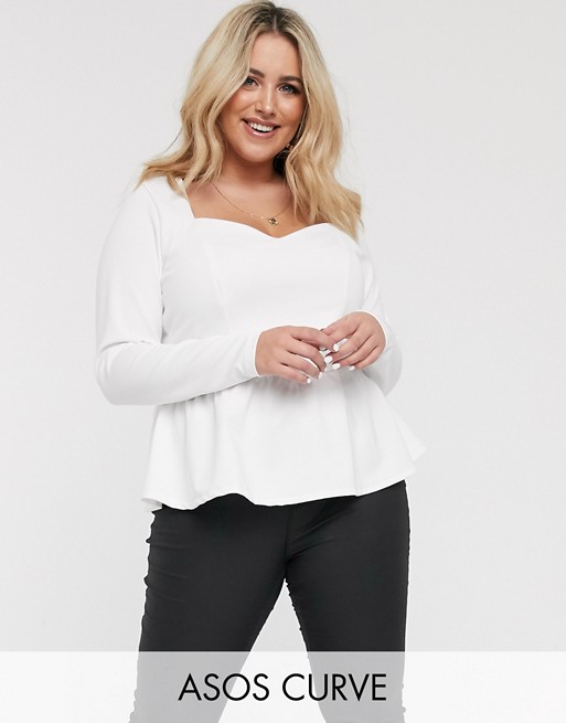 ASOS DESIGN Curve exclusive scuba top with long sleeve and pep hem in white