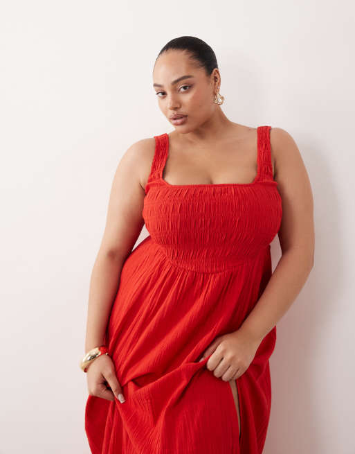 ASOS DESIGN Curve exclusive Selina beach textured cotton shirred maxi sundress in red, 4 of 4