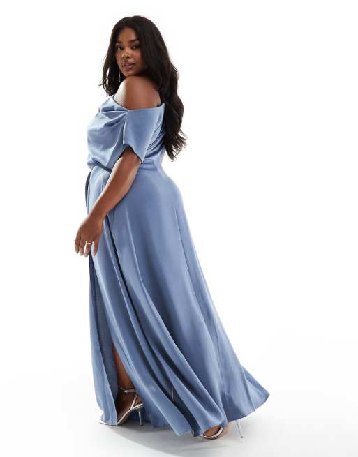ASOS DESIGN Curve – Exclusive – Skiffergrå maxiklänning med lårhög slits och bara axlar i satin, 4 av 4