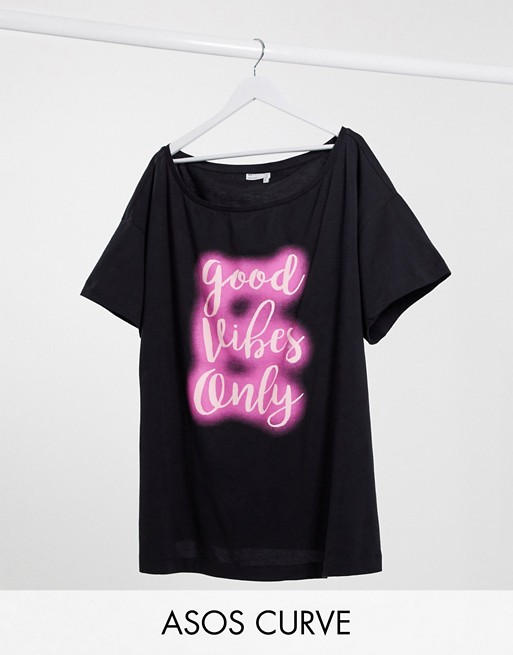 ASOS DESIGN Curve exclusive sleep tee with good vibes only slogan in black