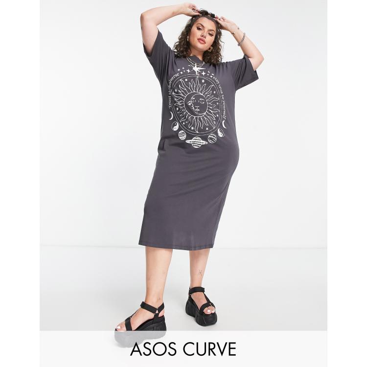 ASOS Design Curve T-Shirt Midi Dress with Split Hem and Graphic in Washed Gray