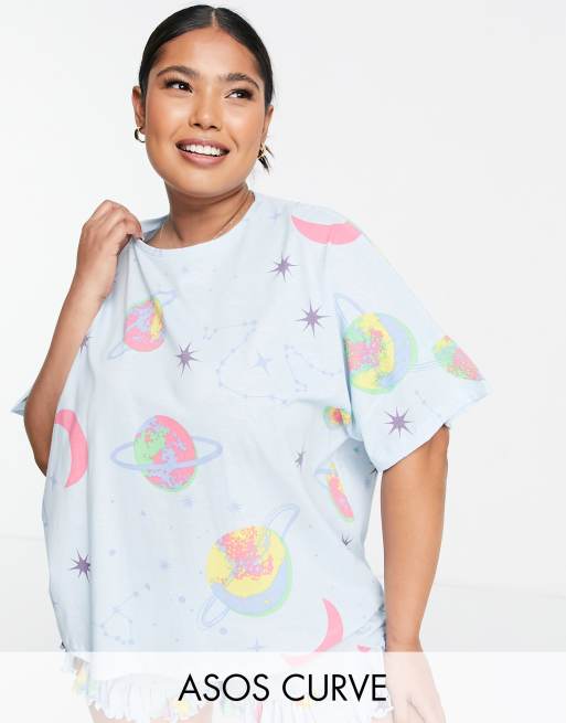 ASOS DESIGN Curve exclusive space tee & frill short pyjama set in blue