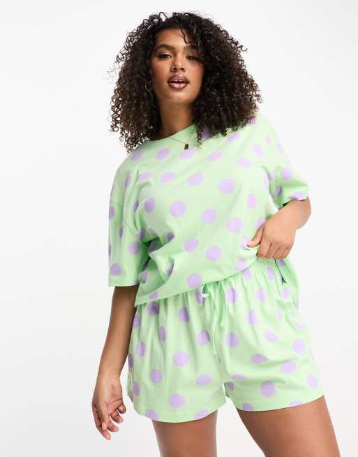 ASOS DESIGN Curve exclusive spot oversized tee & shorts pyjama set in mint