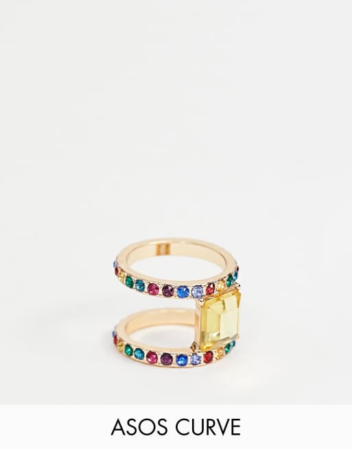 ASOS DESIGN Curve exclusive statement ring with rainbow crystals and square jewel in gold