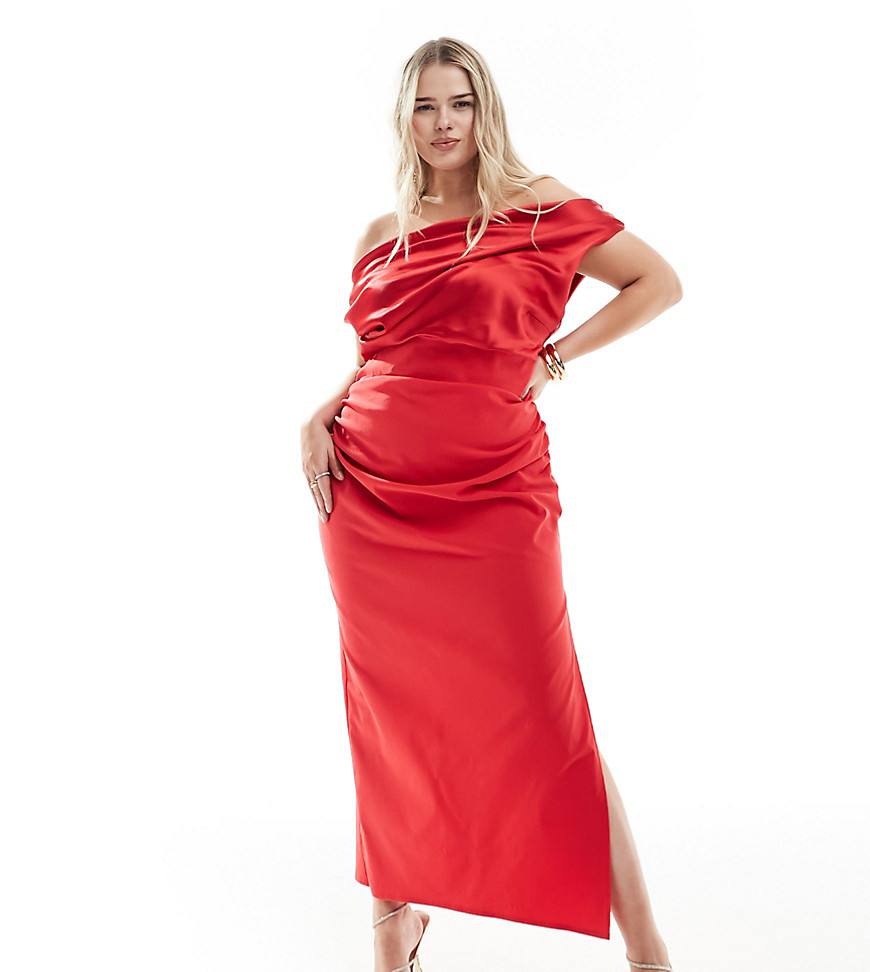 Asos Curve Asos Design Curve Exclusive Structured Bardot Midi Dress With Satin Bodice In Red