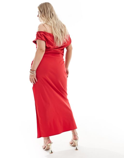 ASOS DESIGN Curve exclusive structured bardot midi dress with satin bodice in red ASOS