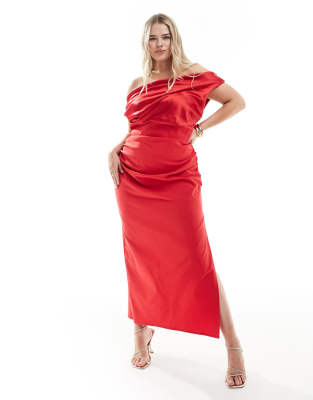 ASOS DESIGN Curve - Exclusive - Strukturiertes Midikleid in Rot mit Oberteil aus Satin und Carmen-Ausschnitt