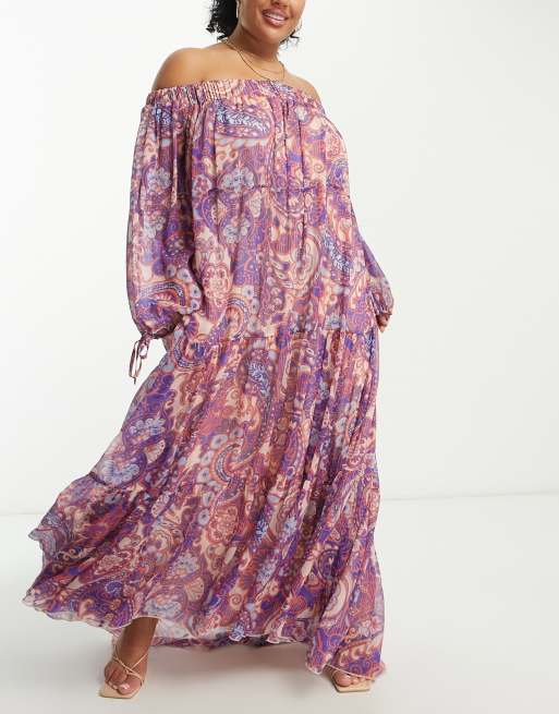 ASOS DESIGN Curve Exclusive – Sukienka maxi z odsłoniętymi ramionami w metaliczny kwiatowy wzór paisley