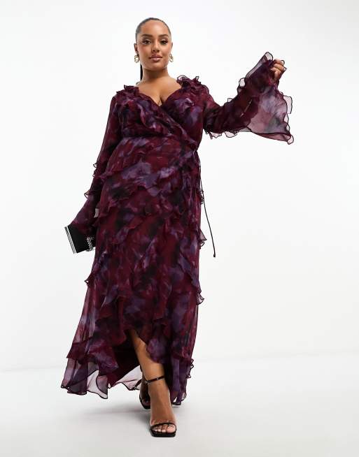 ASOS DESIGN Curve Exclusive – Sukienka midi z asymetrycznym dołem i falbanką w rozmyty kwiatowy wzór