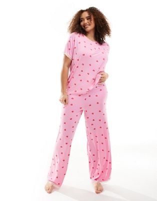ASOS DESIGN Curve Exclusive super soft heart tee & trouser pyjama set in pink