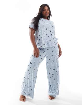 ASOS DESIGN Curve Exclusive super soft star tee & pants pajama set in blue with lace trim