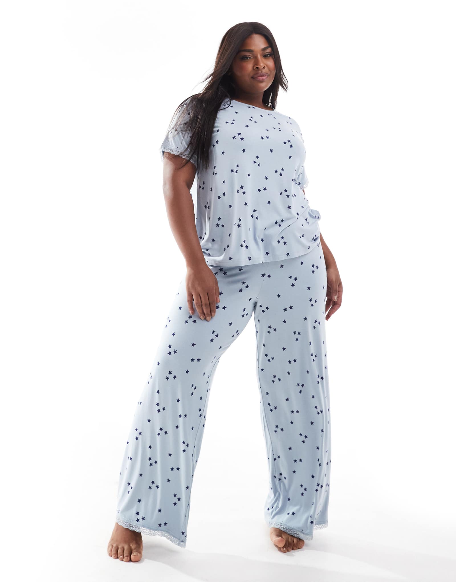 Эксклюзивный пижамный комплект ASOS DESIGN Curve - футболка и брюки super soft star синего цвета с кружевной отделкой