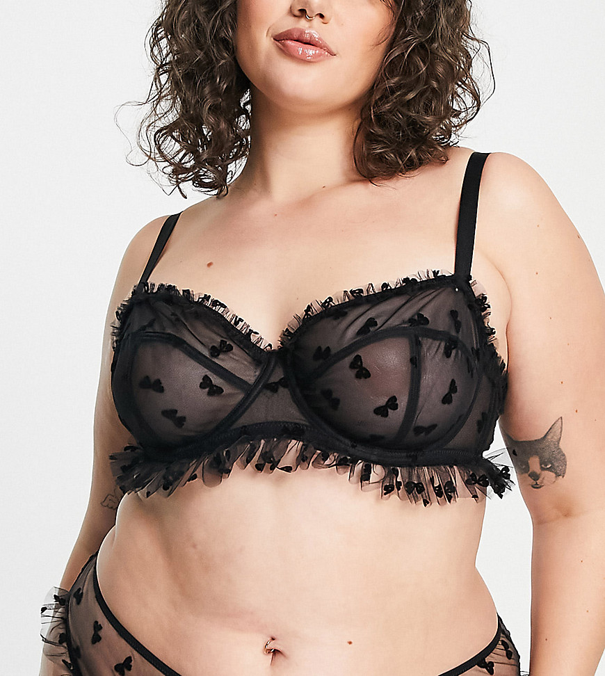 ASOS DESIGN Curve exclusive Tallulah flocked bow mesh underwired bra in black