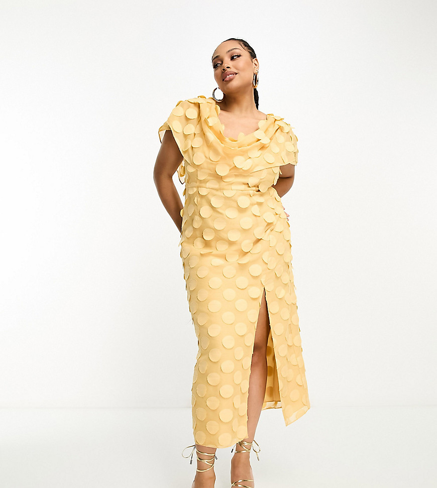 Asos Curve Asos Design Curve Exclusive Textured Cowl Neck Maxi Dress With Shoulder Detail In Pale Yellow