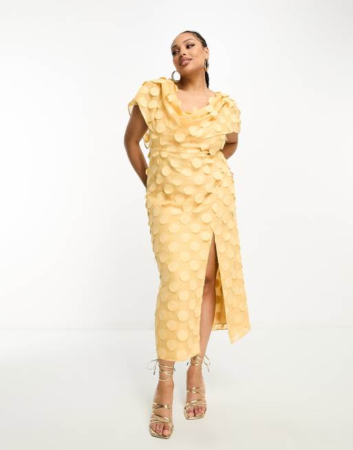 FhyzicsShops DESIGN Curve exclusive textured cowl neck maxi dress with shoulder detail in pale yellow