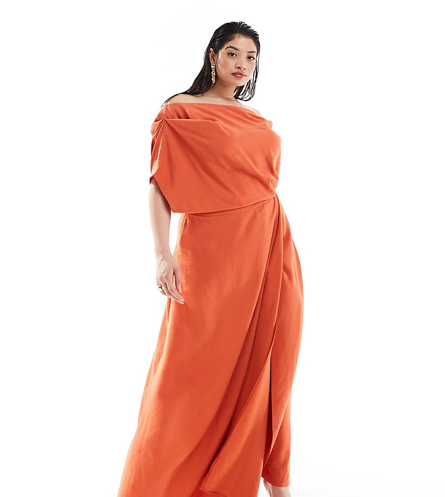 Asos Curve Asos Design Curve Exclusive Textured Off Shoulder High Split Maxi Dress In Rust-brown