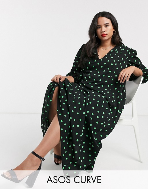 ASOS DESIGN Curve exclusive trapeze maxi dress with puff sleeve in polka dot
