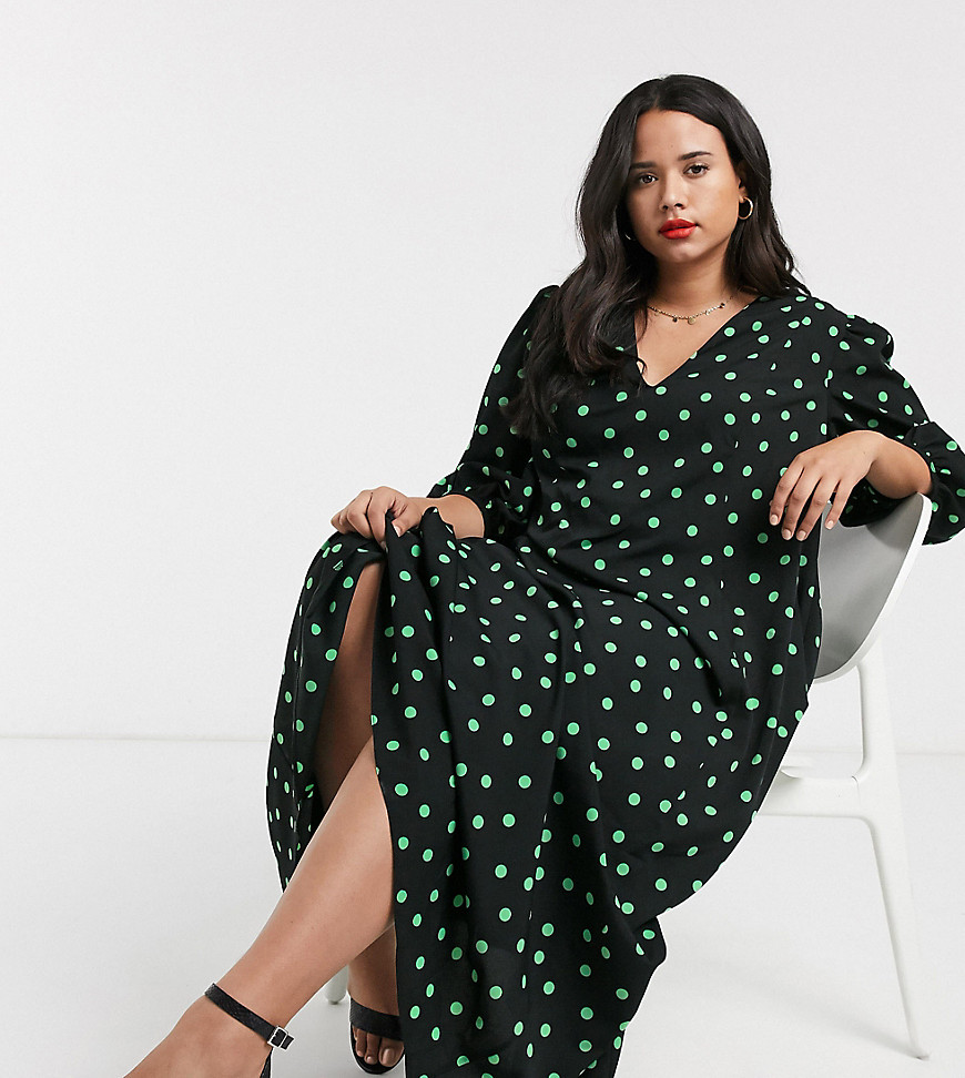 ASOS DESIGN Curve exclusive trapeze maxi dress with puff sleeve in polka dot-Multi