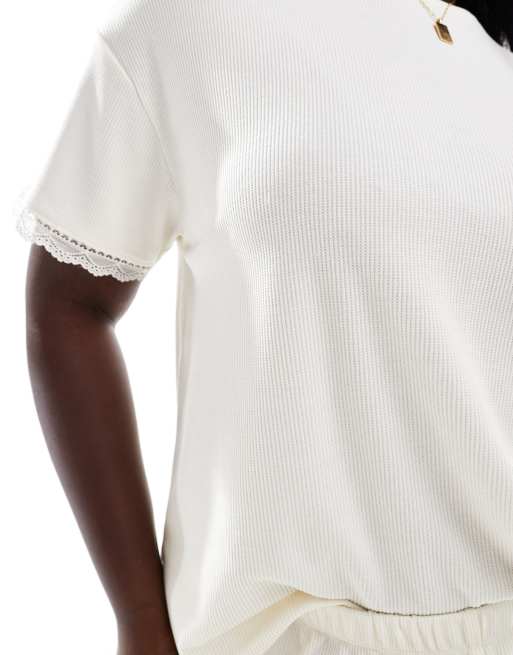 ASOS DESIGN Curve Exclusive waffle & lace tee & pants pyjama set in ivory, 2 of 4