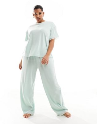 ASOS DESIGN Curve Exclusive waffle & lace tee & trouser pyjama set in green - ASOS Price Checker