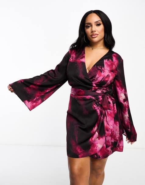 ASOS DESIGN Curve Exclusive – Wiązana w talii satynowa kopertowa sukienka mini w abstrakcyjny wzór - view 1