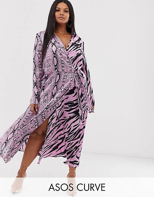 ASOS DESIGN Curve exclusive wrap maxi dress in mixed animal print