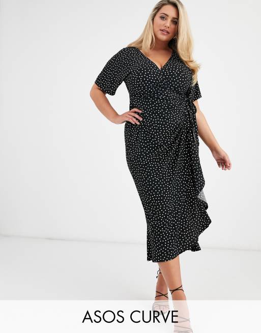 Asos Design Curve Exclusive Wrap Midi Dress In Mono Spot Asos