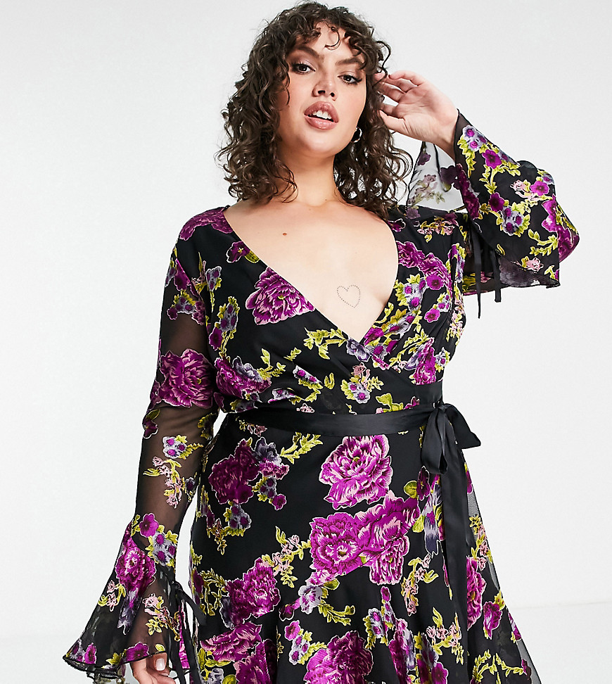 ASOS DESIGN Curve exclusive wrap mini dress in satin floral burnout with tie detail-Multi